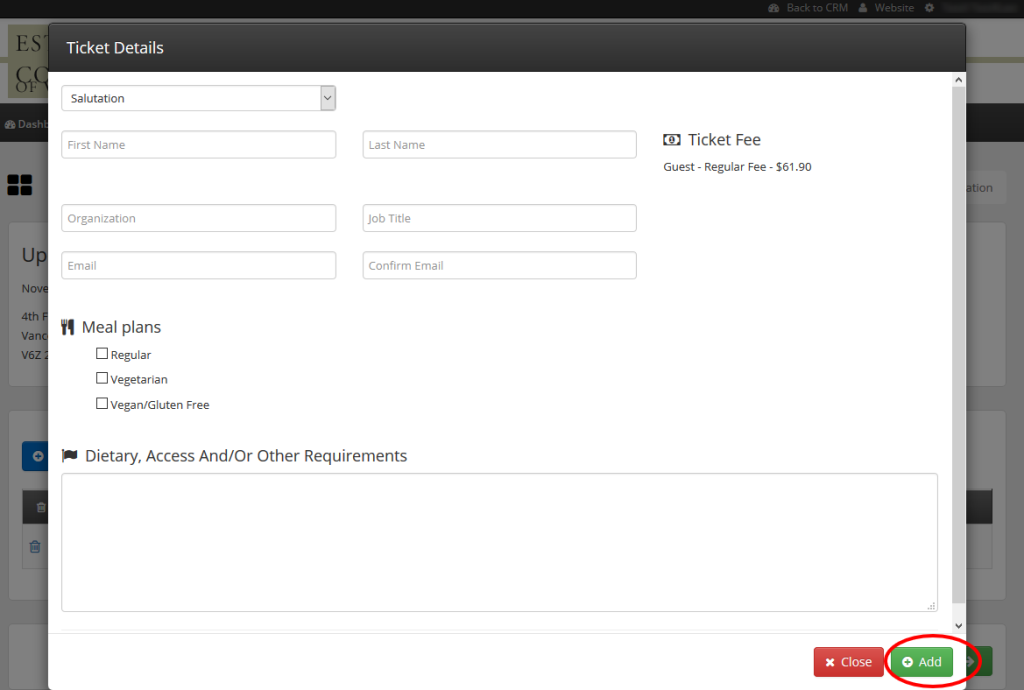 Register a Guest - Select a meal, add notes