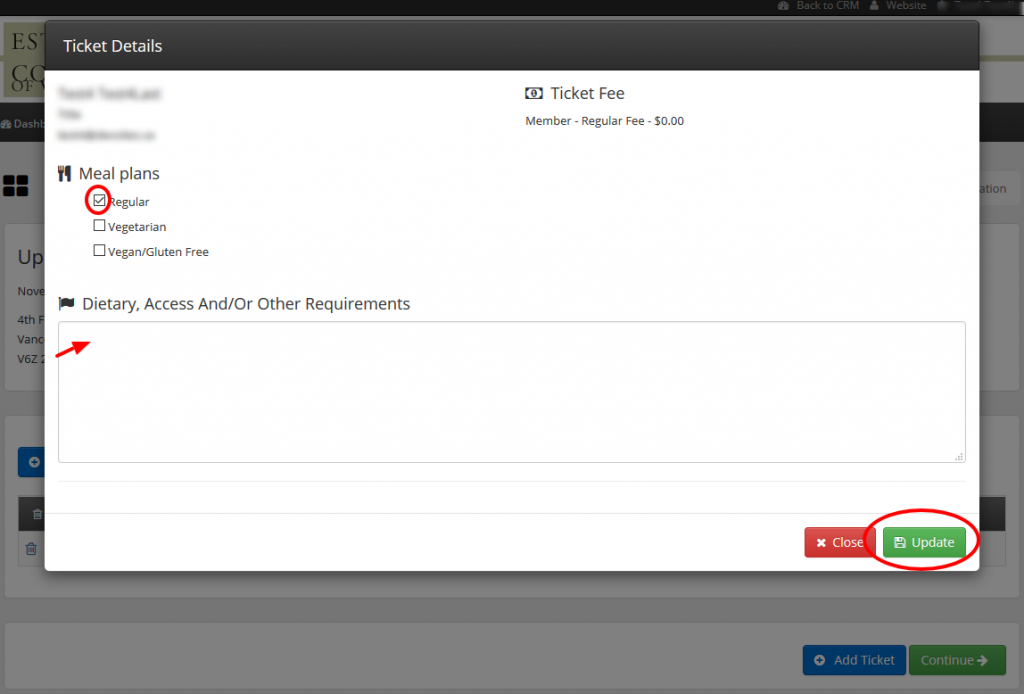 Register 5.1 - Select meal add notes